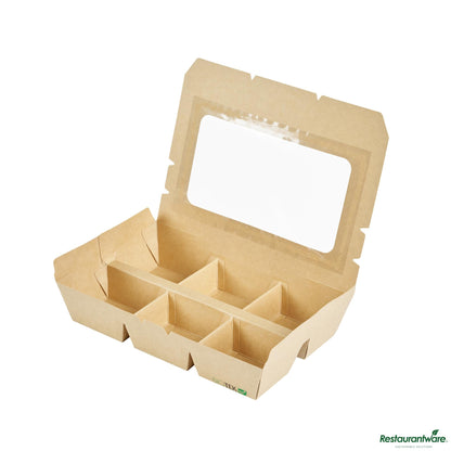 Wholesale Restaurantware 23 Oz Rectangle Kraft Paperboard Bento Box -Pet Window, 6 Compartments - 9.1"×6.1"×1.8"- Bulk