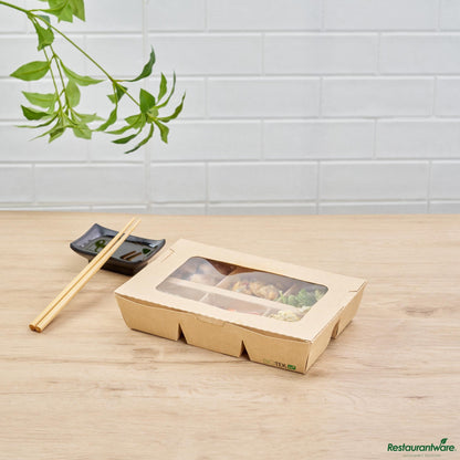 Wholesale Restaurantware 23 Oz Rectangle Kraft Paperboard Bento Box -Pet Window, 6 Compartments - 9.1"×6.1"×1.8"- Bulk