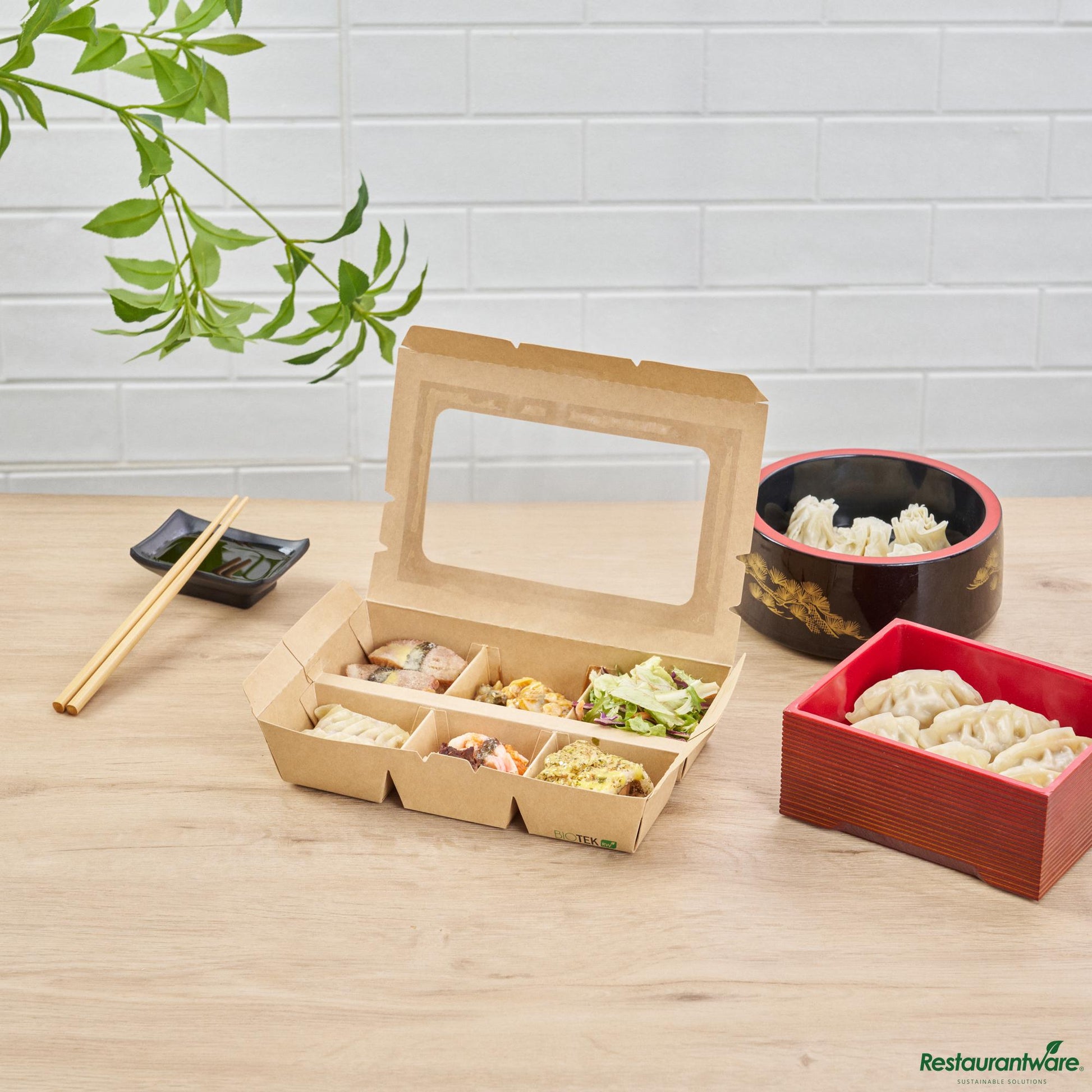 Wholesale Restaurantware 23 Oz Rectangle Kraft Paperboard Bento Box -Pet Window, 6 Compartments - 9.1"×6.1"×1.8"- Bulk
