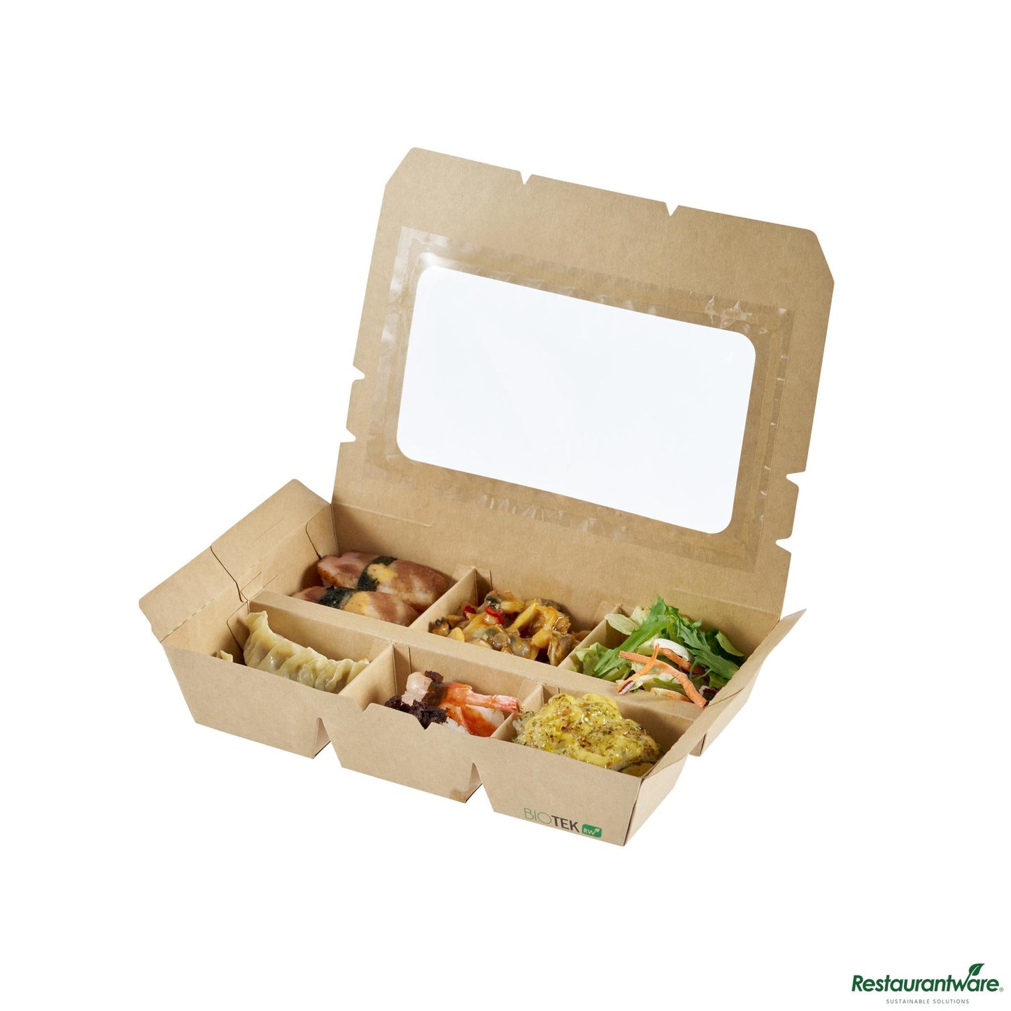 Wholesale Restaurantware 23 Oz Rectangle Kraft Paperboard Bento Box -Pet Window, 6 Compartments - 9.1"×6.1"×1.8"- Bulk