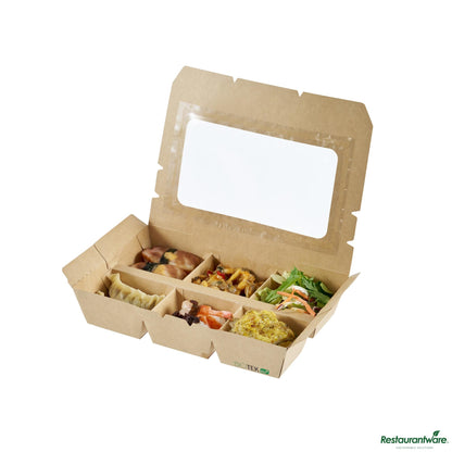 Wholesale Restaurantware 23 Oz Rectangle Kraft Paperboard Bento Box -Pet Window, 6 Compartments - 9.1"×6.1"×1.8"- Bulk