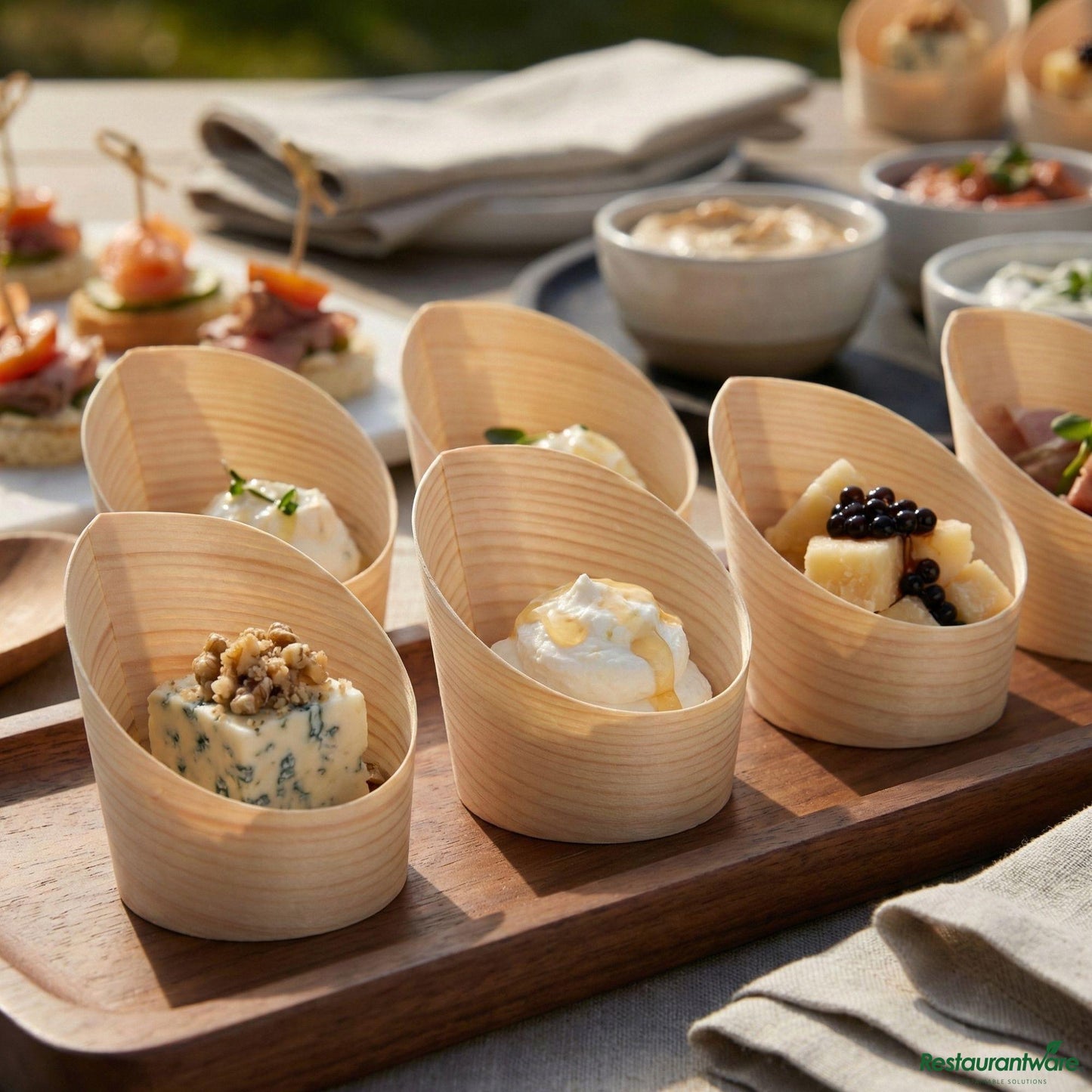 Wholesale Restaurantware 4 Oz Round Natural Wood Mini Incline Cup - 2 1/2" X 2 1/2" X 2 3/4"- Bulk
