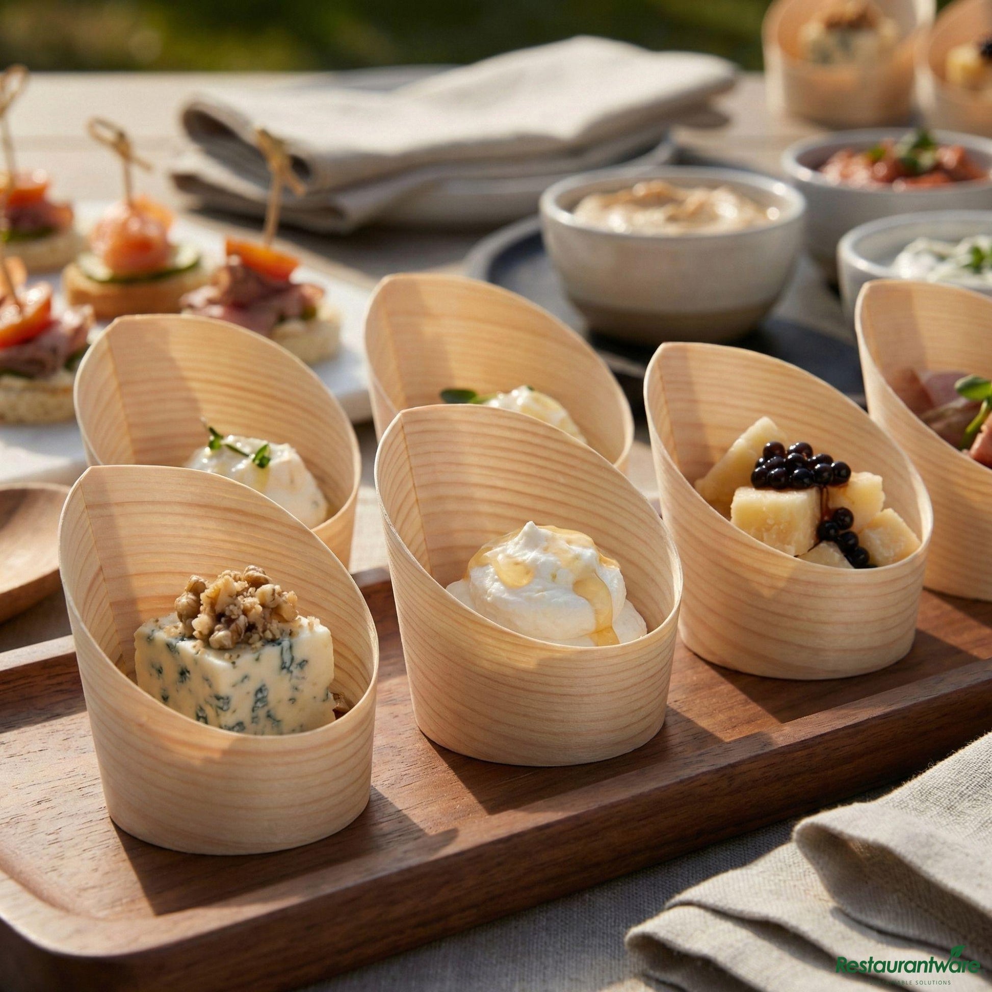 Wholesale Restaurantware 4 Oz Round Natural Wood Mini Incline Cup - 2 1/2" X 2 1/2" X 2 3/4"- Bulk