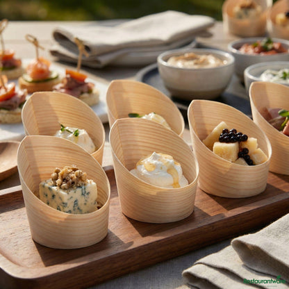 Wholesale Restaurantware 4 Oz Round Natural Wood Mini Incline Cup - 2 1/2" X 2 1/2" X 2 3/4"- Bulk