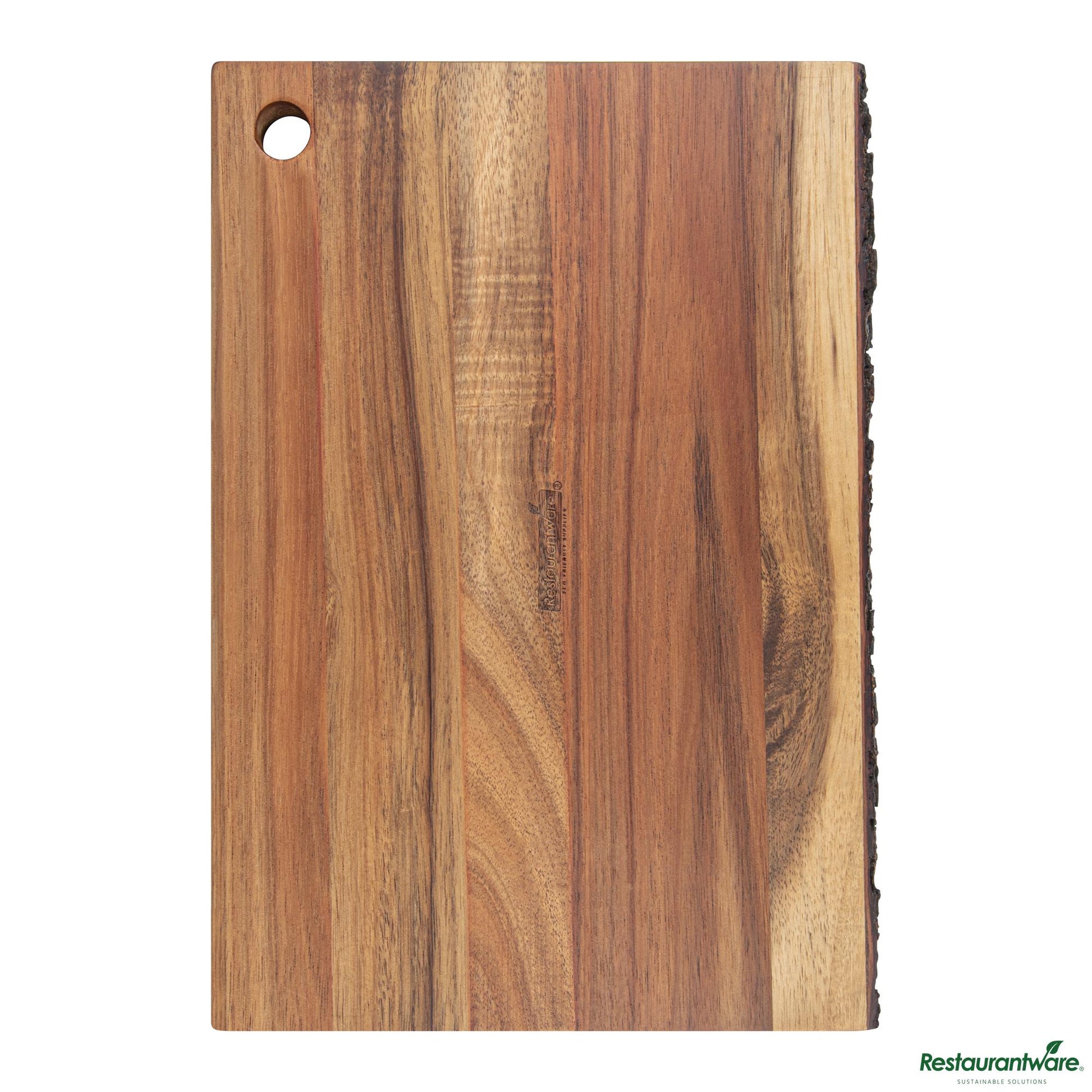 Wholesale Restaurantware Rectangle Natural Acacia Serving Board - Varnished, Bark Edges - 12" X 8" X 3/4"- Bulk