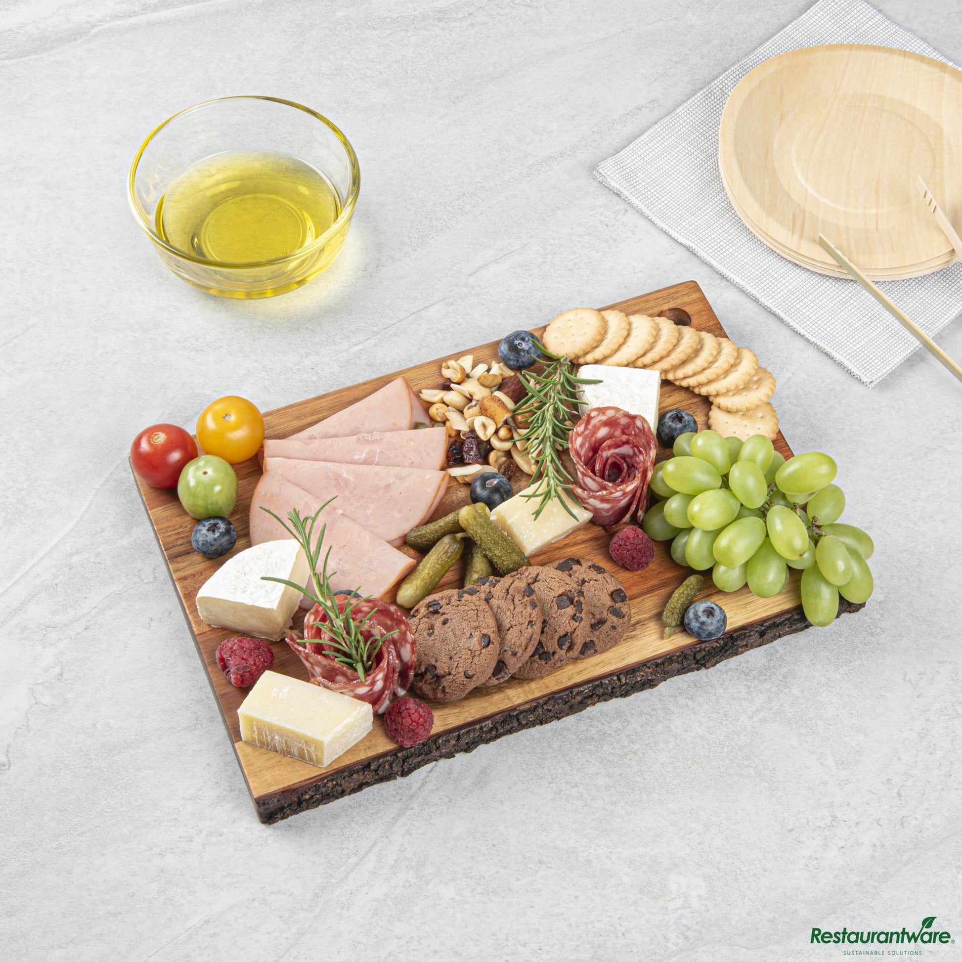 Wholesale Restaurantware Rectangle Natural Acacia Serving Board - Varnished, Bark Edges - 12" X 8" X 3/4"- Bulk