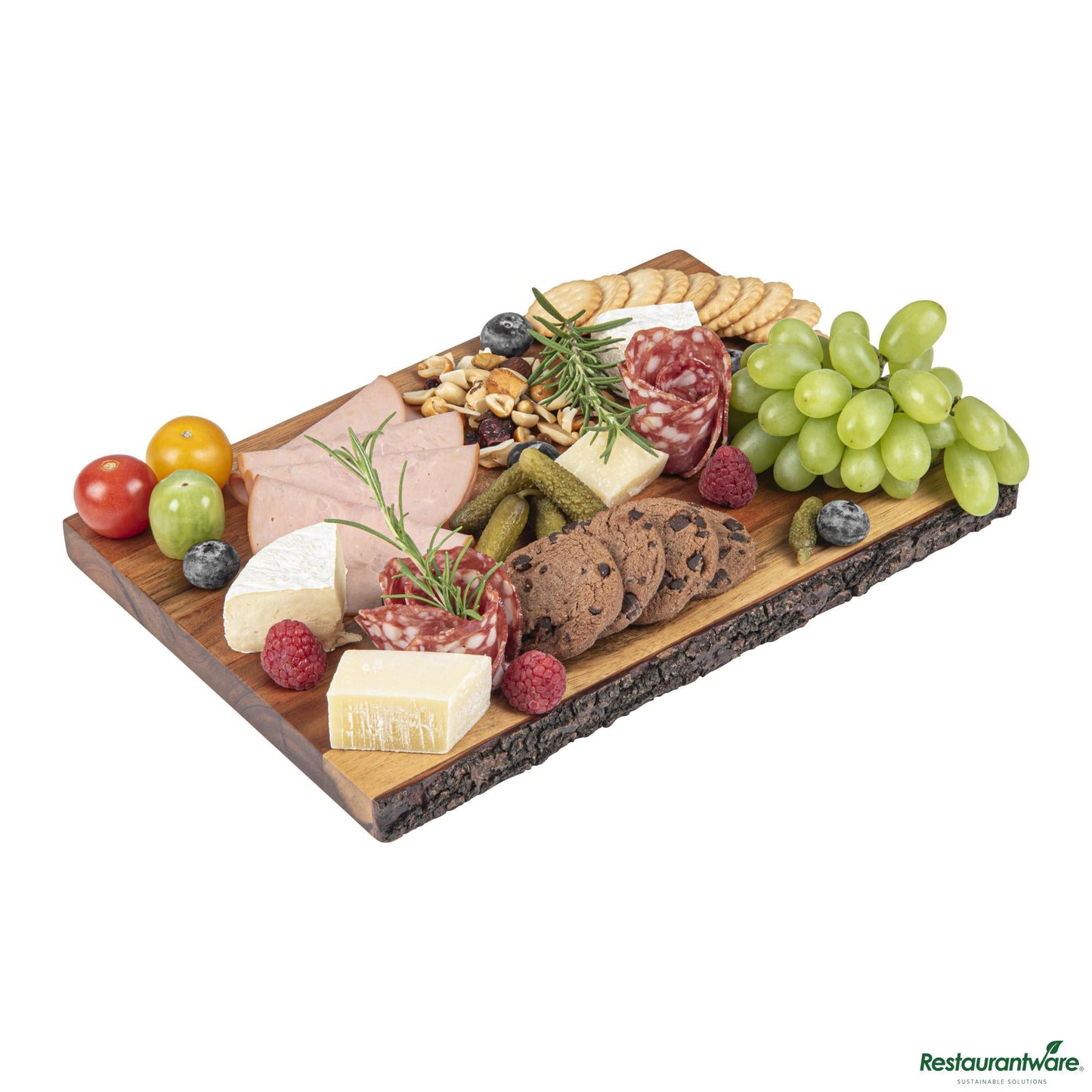 Wholesale Restaurantware Rectangle Natural Acacia Serving Board - Varnished, Bark Edges - 12" X 8" X 3/4"- Bulk