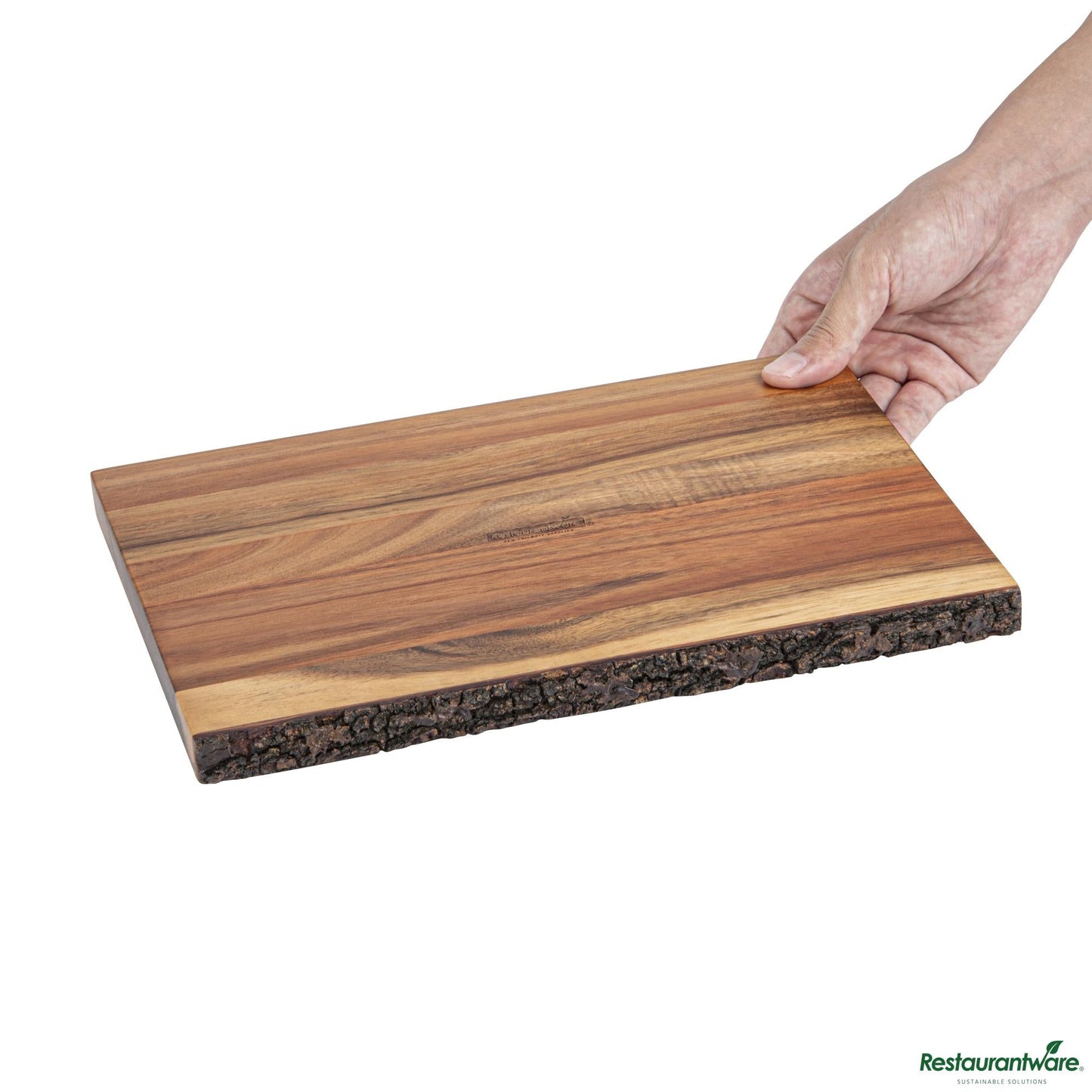 Wholesale Restaurantware Rectangle Natural Acacia Serving Board - Varnished, Bark Edges - 12" X 8" X 3/4"- Bulk
