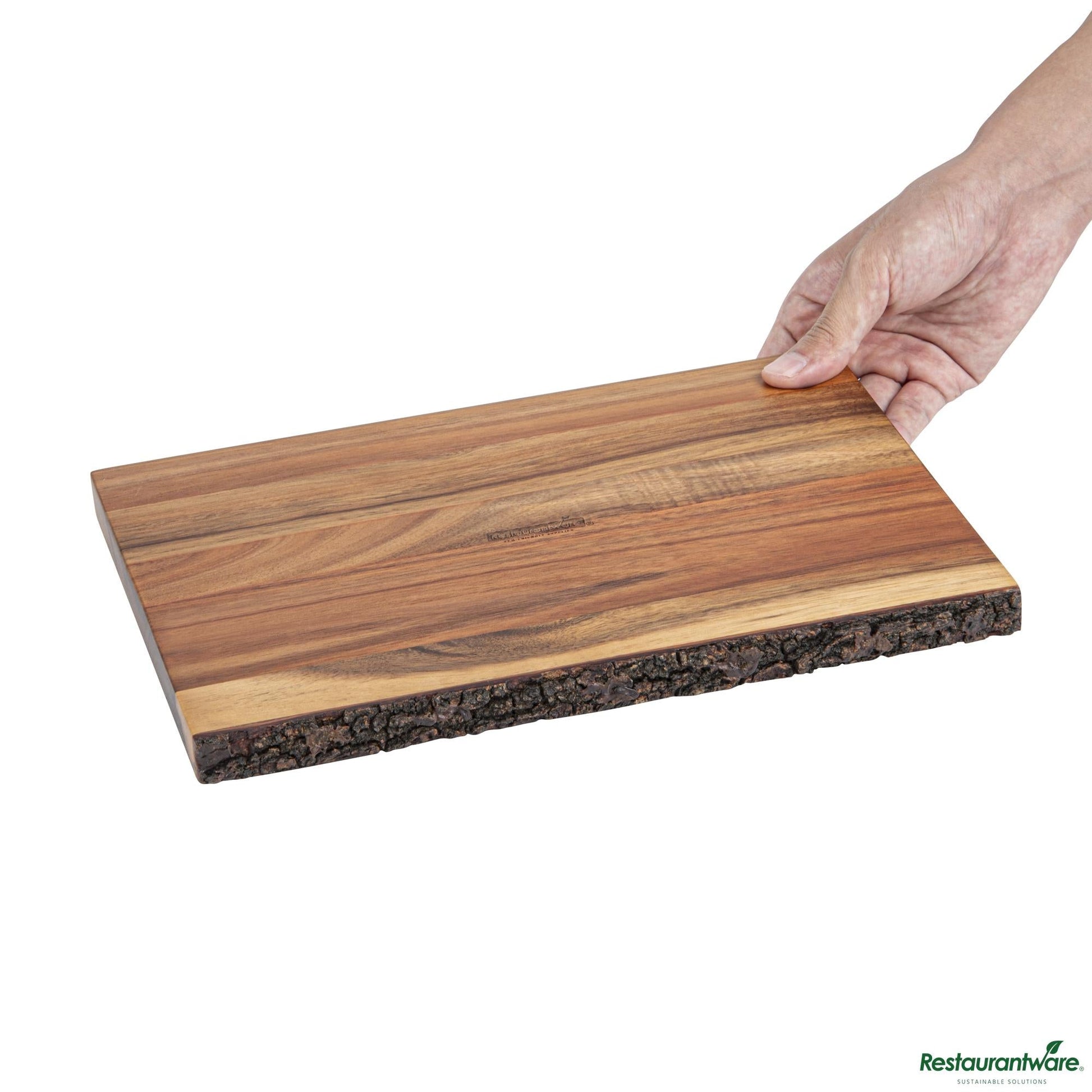 Wholesale Restaurantware Rectangle Natural Acacia Serving Board - Varnished, Bark Edges - 12" X 8" X 3/4"- Bulk