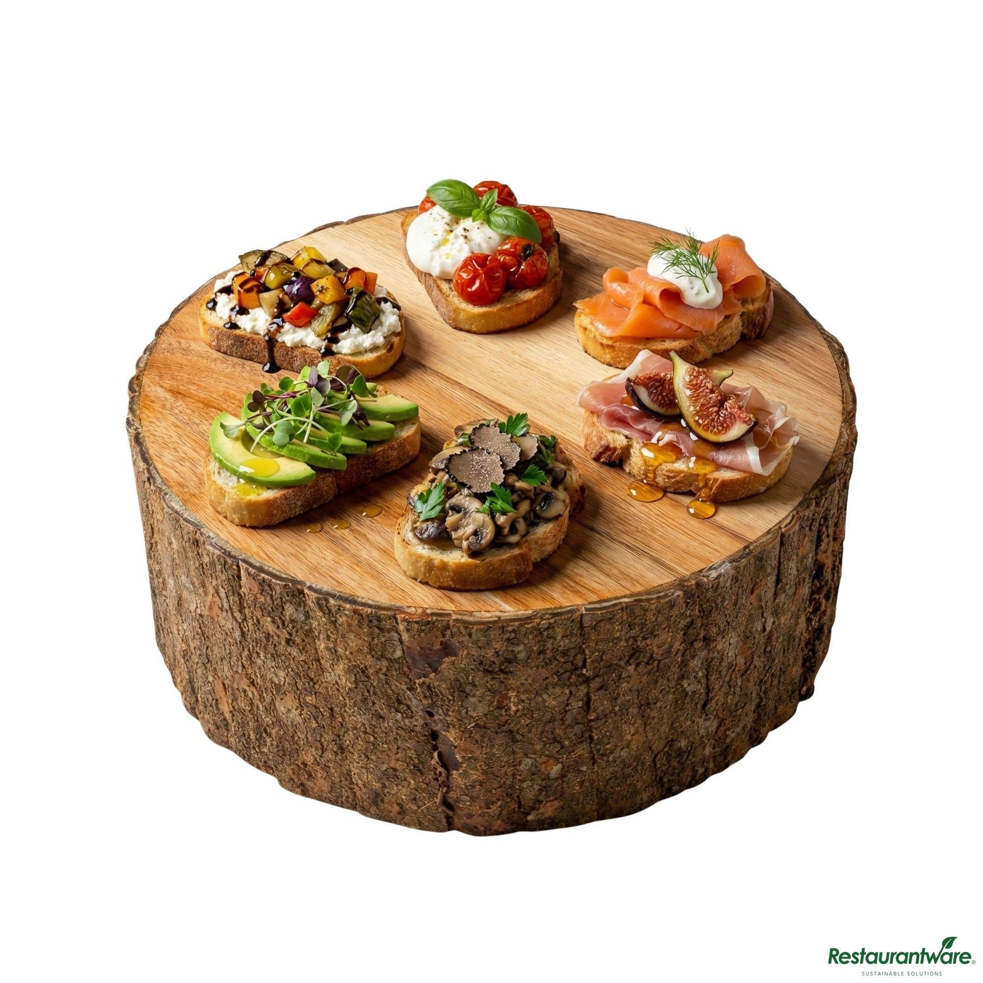 Wholesale Restaurantware Round Natural Acacia Large Riser - Varnished, Bark Edges - 10" X 10" X 5"- Bulk
