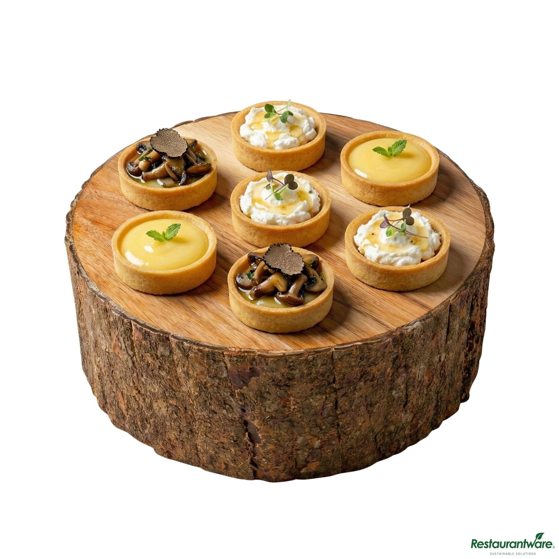 Wholesale Restaurantware Round Natural Acacia Large Riser - Varnished, Bark Edges - 10" X 10" X 5"- Bulk