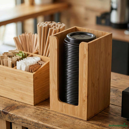 Wholesale Restaurantware Restpresso Natural Bamboo Coffee Cup / Lid / Cocktail Napkin Organizer - 4 1/2" X 4 1/2" X 8"- Bulk