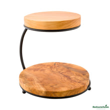Wholesale Restaurantware Nature Tek Natural Wood Display Stand - 2-Tier, with Metal Frame - 10 3/4" X 9 3/4" X 9 3/4"- Bulk