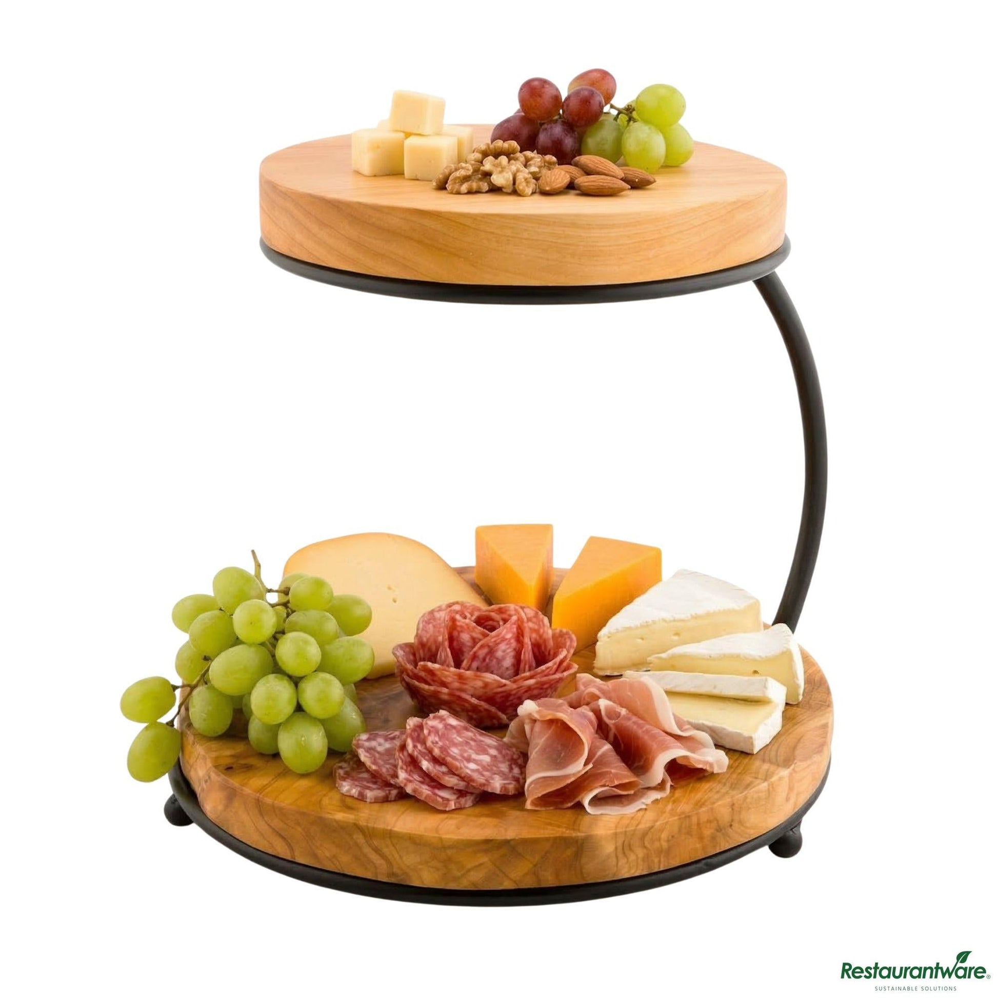 Wholesale Restaurantware Nature Tek Natural Wood Display Stand - 2-Tier, with Metal Frame - 10 3/4" X 9 3/4" X 9 3/4"- Bulk