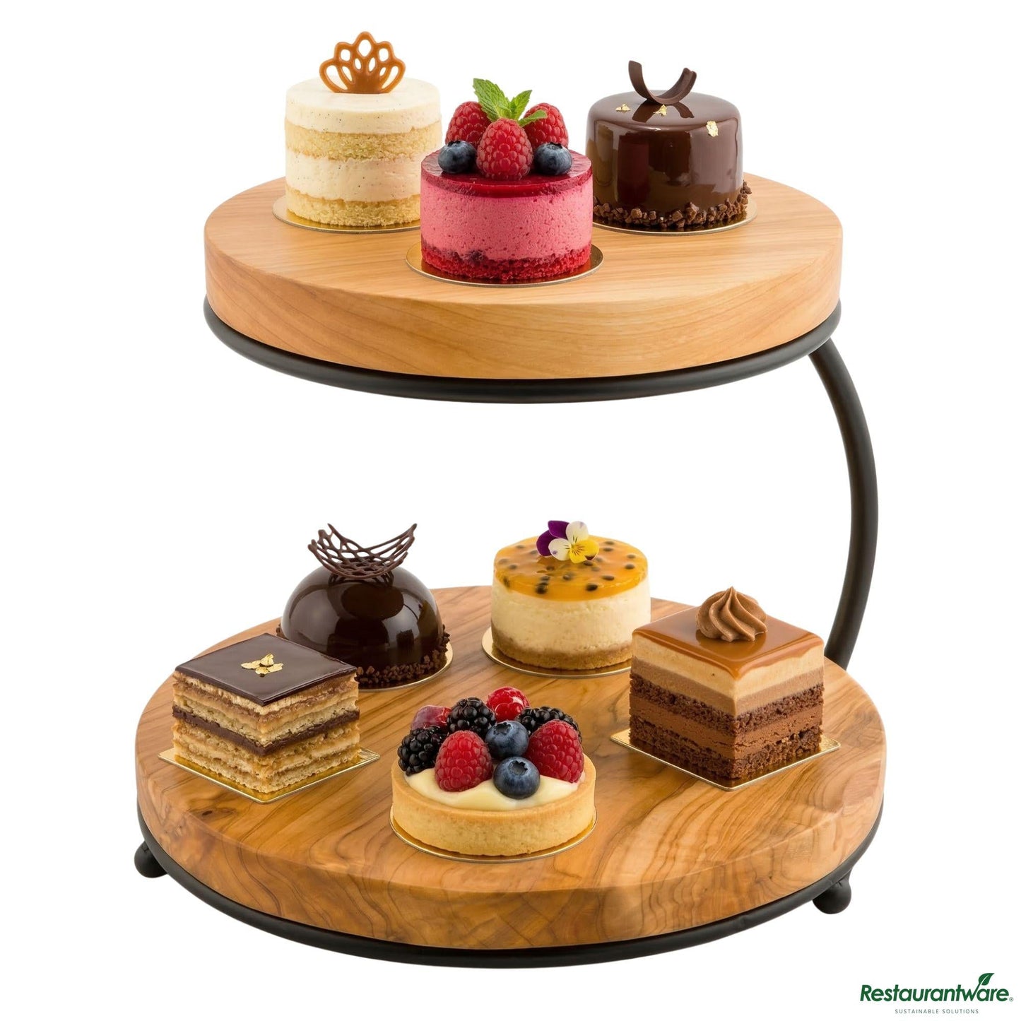 Wholesale Restaurantware Nature Tek Natural Wood Display Stand - 2-Tier, with Metal Frame - 10 3/4" X 9 3/4" X 9 3/4"- Bulk