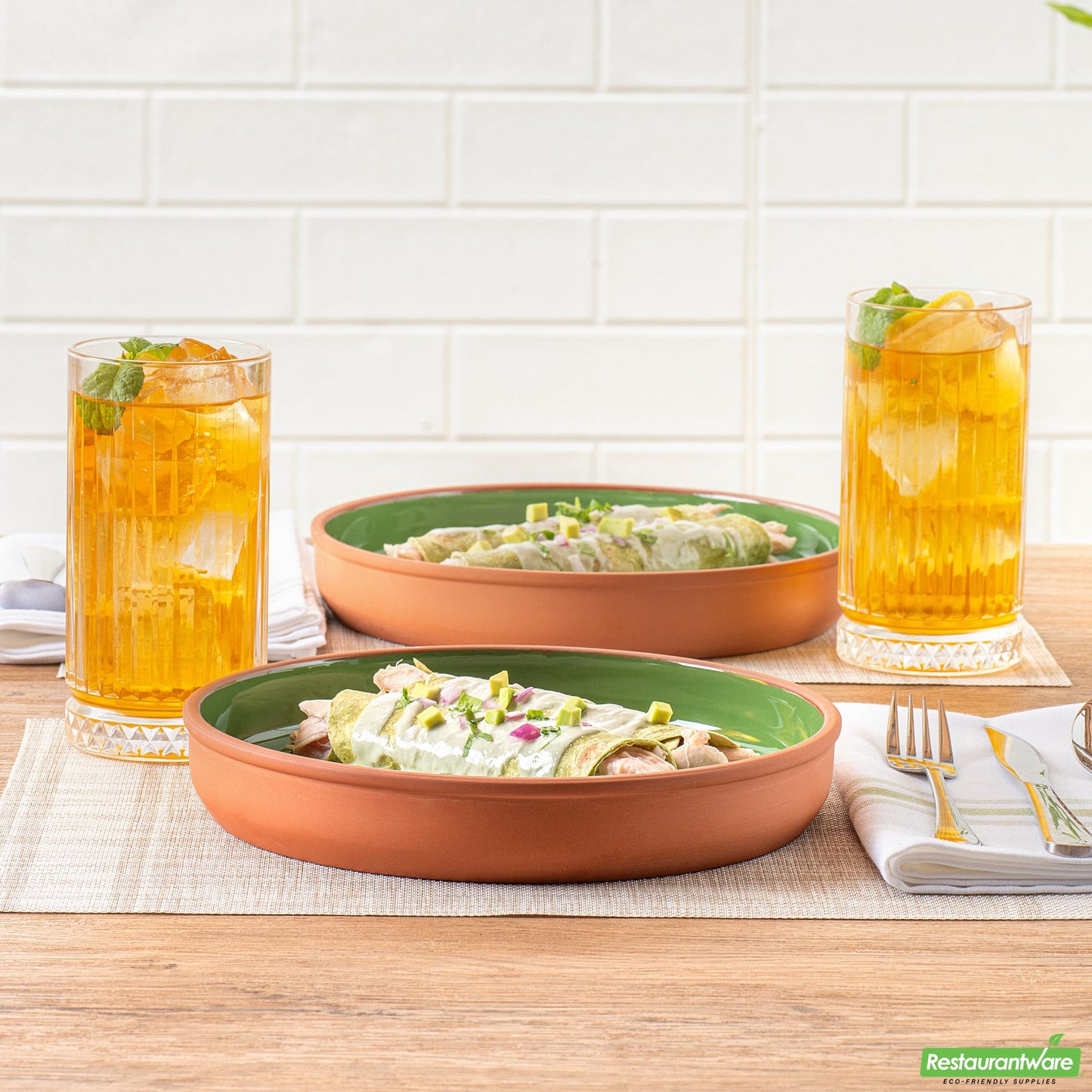 Restaurantware Terra Tek 34 Oz Terracotta Cazuela Bowl - Green Glazed Interior - 9 1/4'' X 9 1/4'' X 1 1/2''