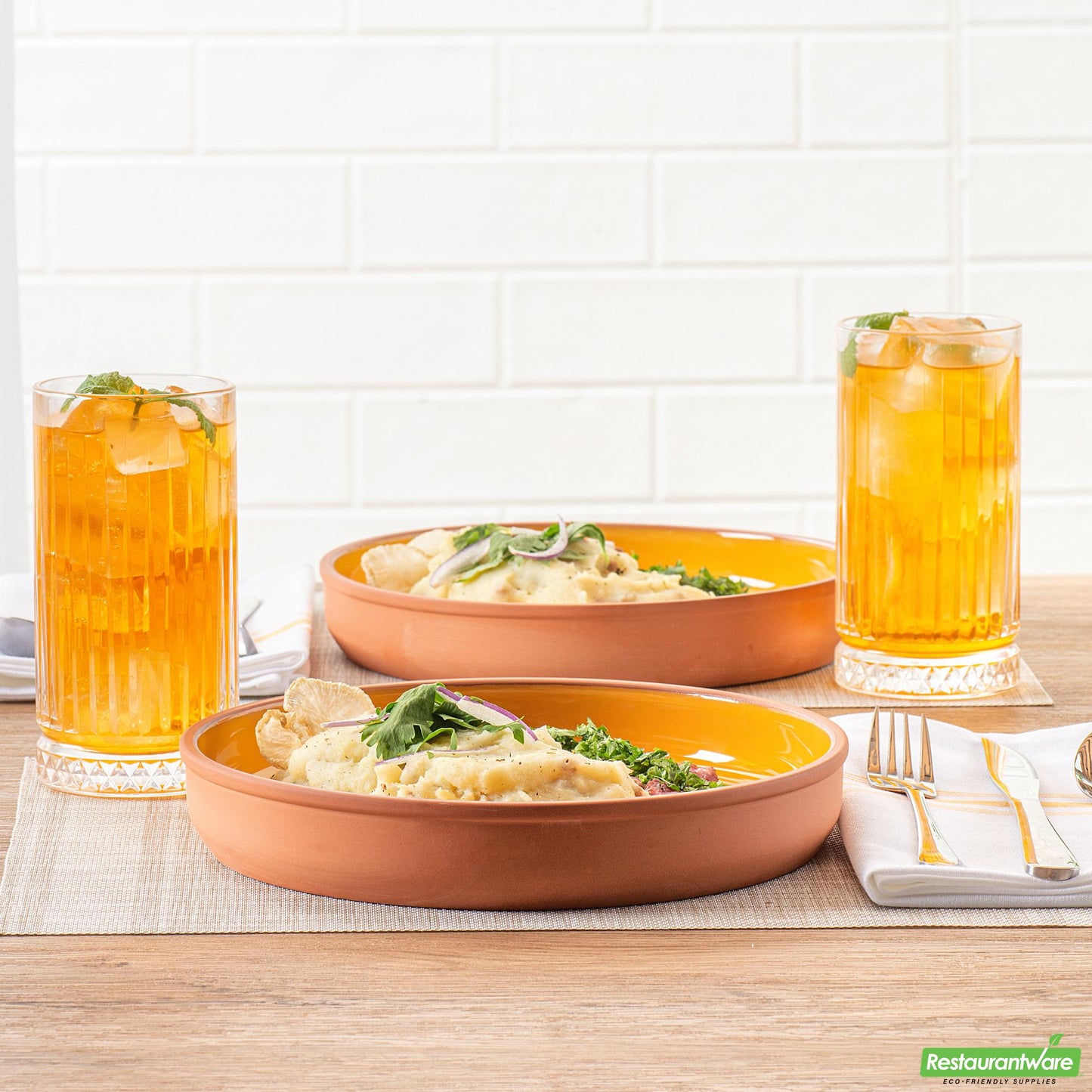 Restaurantware Terra Tek 34 Oz Terracotta Cazuela Bowl - Yellow Glazed Interior - 9 1/4'' X 9 1/4'' X 1 1/2''