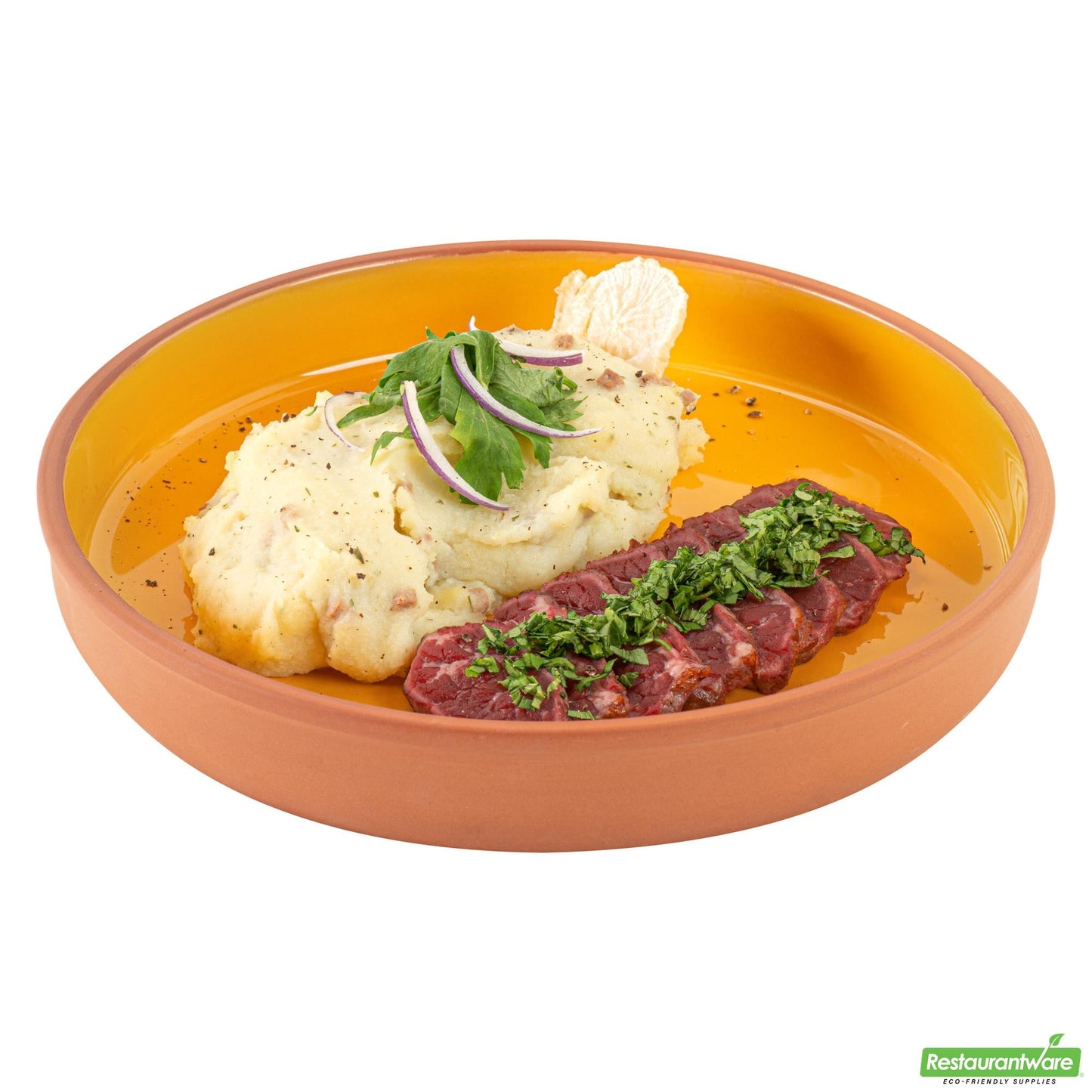 Restaurantware Terra Tek 34 Oz Terracotta Cazuela Bowl - Yellow Glazed Interior - 9 1/4'' X 9 1/4'' X 1 1/2''