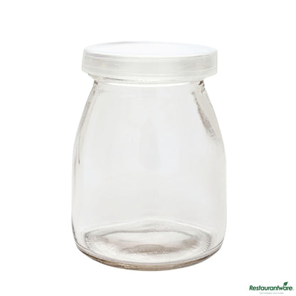 Wholesale Restaurantware 5 Oz Round Nostalgic Milk and Yogurt Glass - with Plastic Lid - 2 1/2" X 2 1/2" X 3 1/4"- Bulk