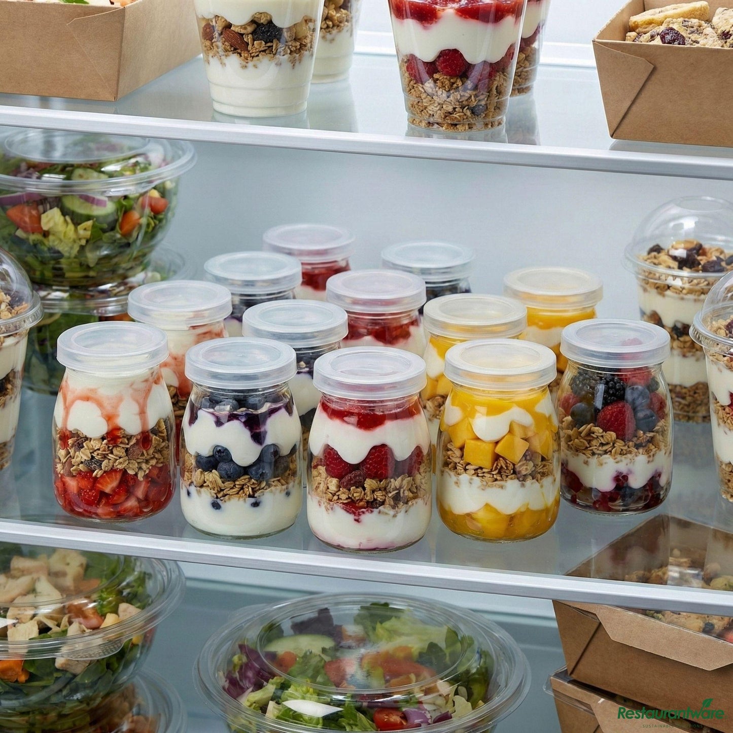 Wholesale Restaurantware 5 Oz Round Nostalgic Milk and Yogurt Glass - with Plastic Lid - 2 1/2" X 2 1/2" X 3 1/4"- Bulk