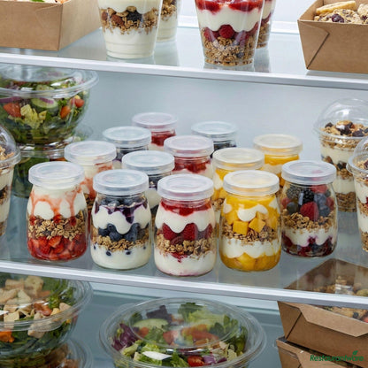 Wholesale Restaurantware 5 Oz Round Nostalgic Milk and Yogurt Glass - with Plastic Lid - 2 1/2" X 2 1/2" X 3 1/4"- Bulk