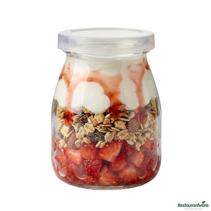 Wholesale Restaurantware 5 Oz Round Nostalgic Milk and Yogurt Glass - with Plastic Lid - 2 1/2" X 2 1/2" X 3 1/4"- Bulk
