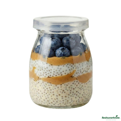 Wholesale Restaurantware 5 Oz Round Nostalgic Milk and Yogurt Glass - with Plastic Lid - 2 1/2" X 2 1/2" X 3 1/4"- Bulk