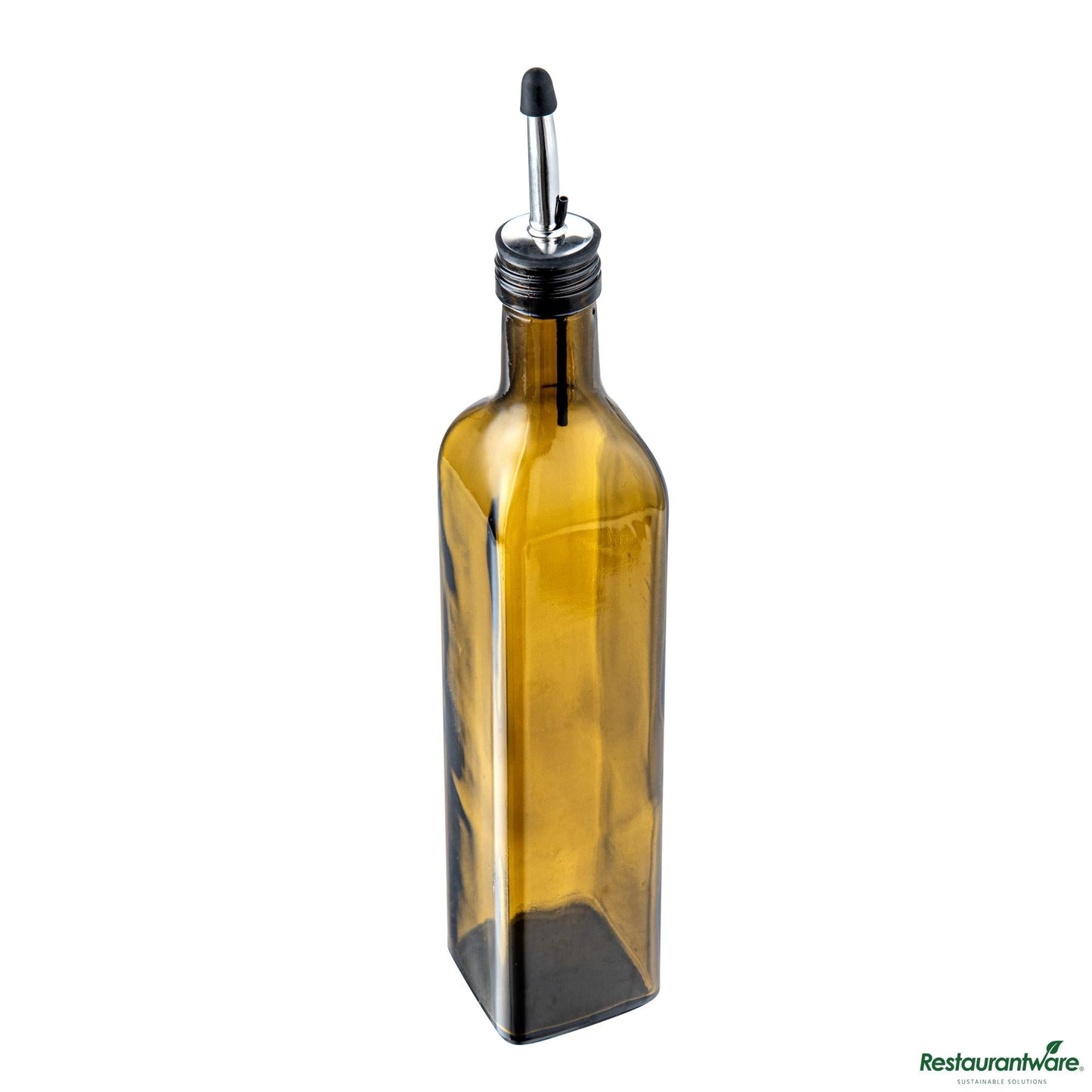 Wholesale Restaurantware 17 Oz Amber Glass Olive Oil Dispenser - with Stainless Steel Pourers - 3 1/4" X 3 1/4" X 12 1/4"- Bulk