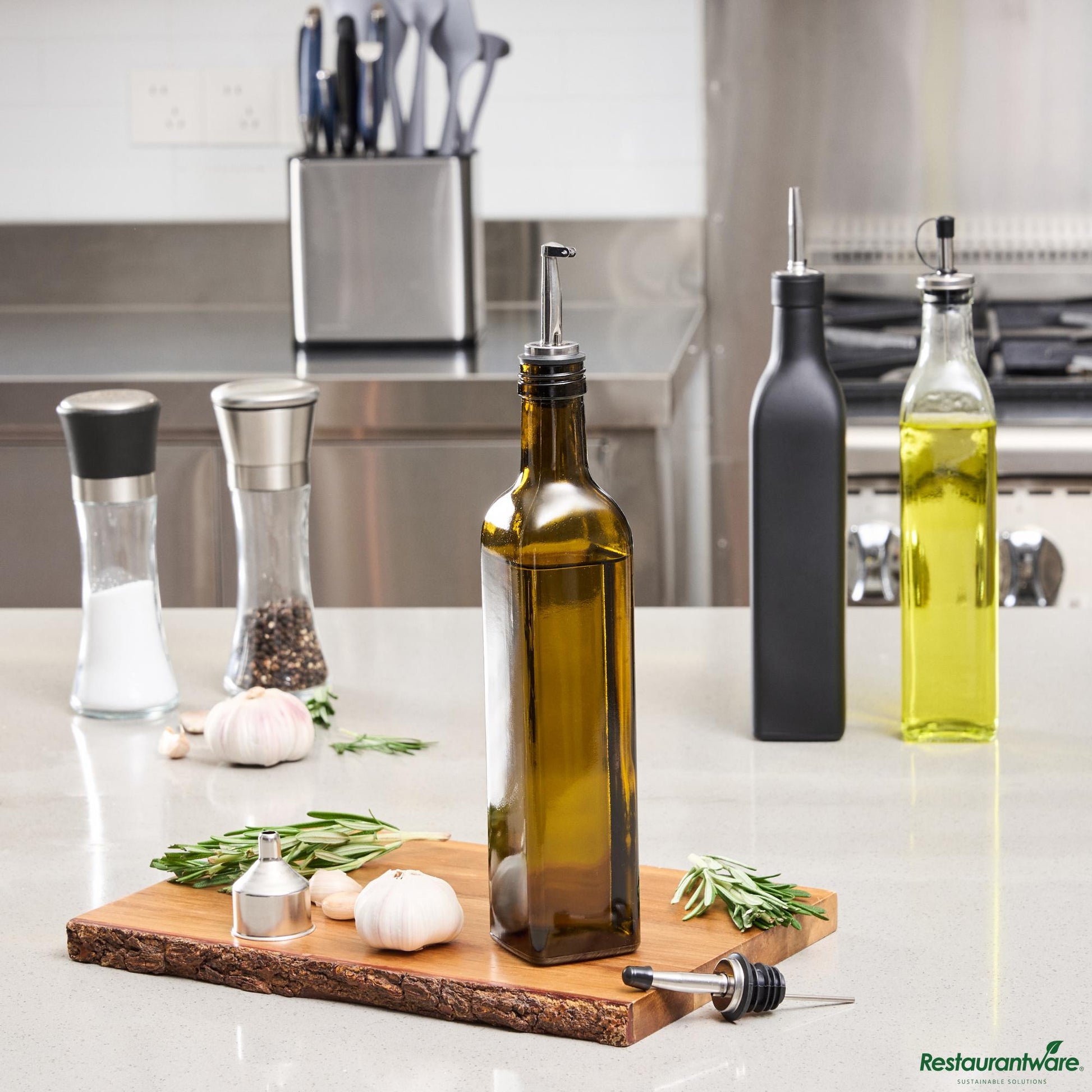 Wholesale Restaurantware 17 Oz Amber Glass Olive Oil Dispenser - with Stainless Steel Pourers - 3 1/4" X 3 1/4" X 12 1/4"- Bulk