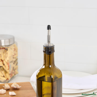 Wholesale Restaurantware 17 Oz Amber Glass Olive Oil Dispenser - with Stainless Steel Pourers - 3 1/4" X 3 1/4" X 12 1/4"- Bulk
