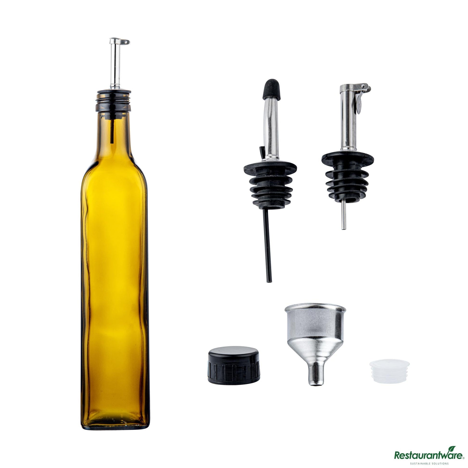 Wholesale Restaurantware 17 Oz Amber Glass Olive Oil Dispenser - with Stainless Steel Pourers - 3 1/4" X 3 1/4" X 12 1/4"- Bulk