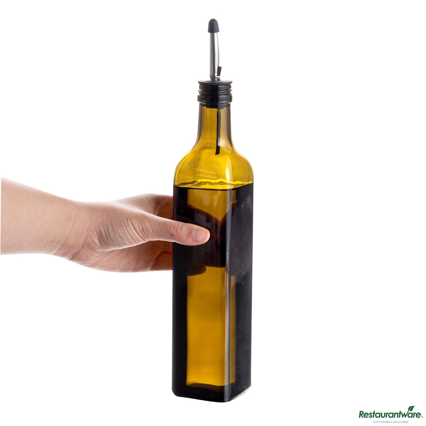 Wholesale Restaurantware 17 Oz Amber Glass Olive Oil Dispenser - with Stainless Steel Pourers - 3 1/4" X 3 1/4" X 12 1/4"- Bulk