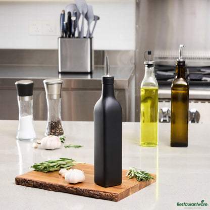 Wholesale Restaurantware 17 Oz Black Glass Olive Oil Dispenser - with Stainless Steel Pourer - 2 1/4" X 2 1/4" X 12 1/2"- Bulk