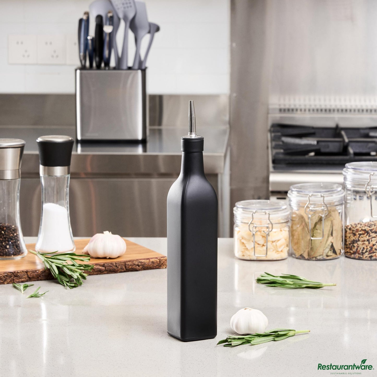 Wholesale Restaurantware 17 Oz Black Glass Olive Oil Dispenser - with Stainless Steel Pourer - 2 1/4" X 2 1/4" X 12 1/2"- Bulk