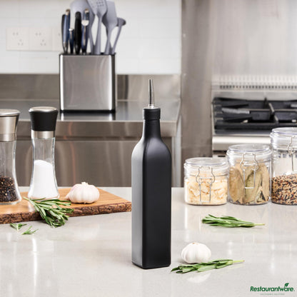 Wholesale Restaurantware 17 Oz Black Glass Olive Oil Dispenser - with Stainless Steel Pourer - 2 1/4" X 2 1/4" X 12 1/2"- Bulk
