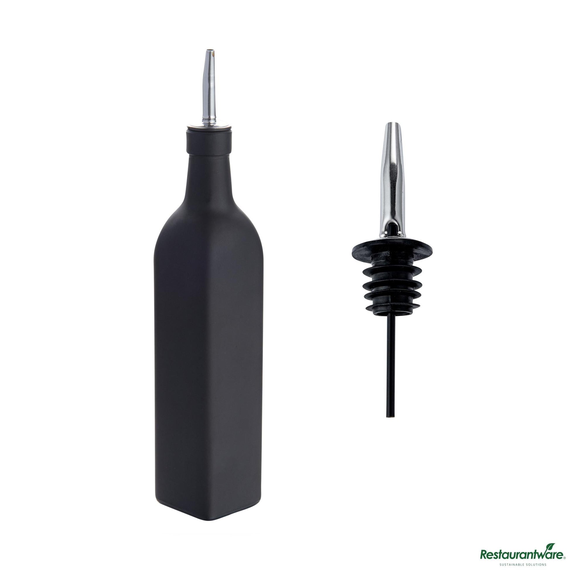 Wholesale Restaurantware 17 Oz Black Glass Olive Oil Dispenser - with Stainless Steel Pourer - 2 1/4" X 2 1/4" X 12 1/2"- Bulk