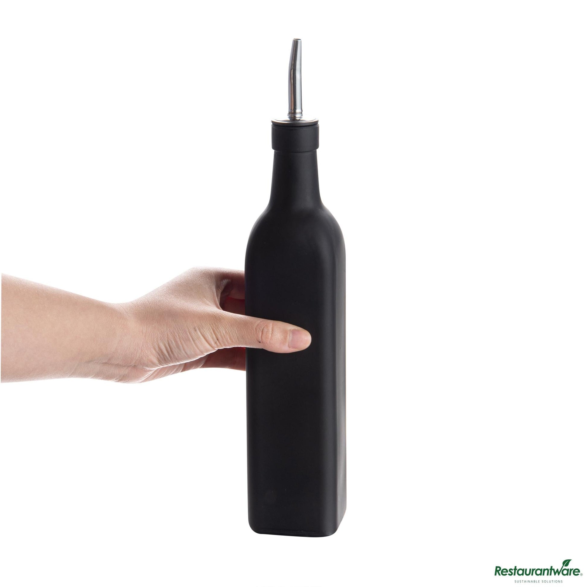 Wholesale Restaurantware 17 Oz Black Glass Olive Oil Dispenser - with Stainless Steel Pourer - 2 1/4" X 2 1/4" X 12 1/2"- Bulk