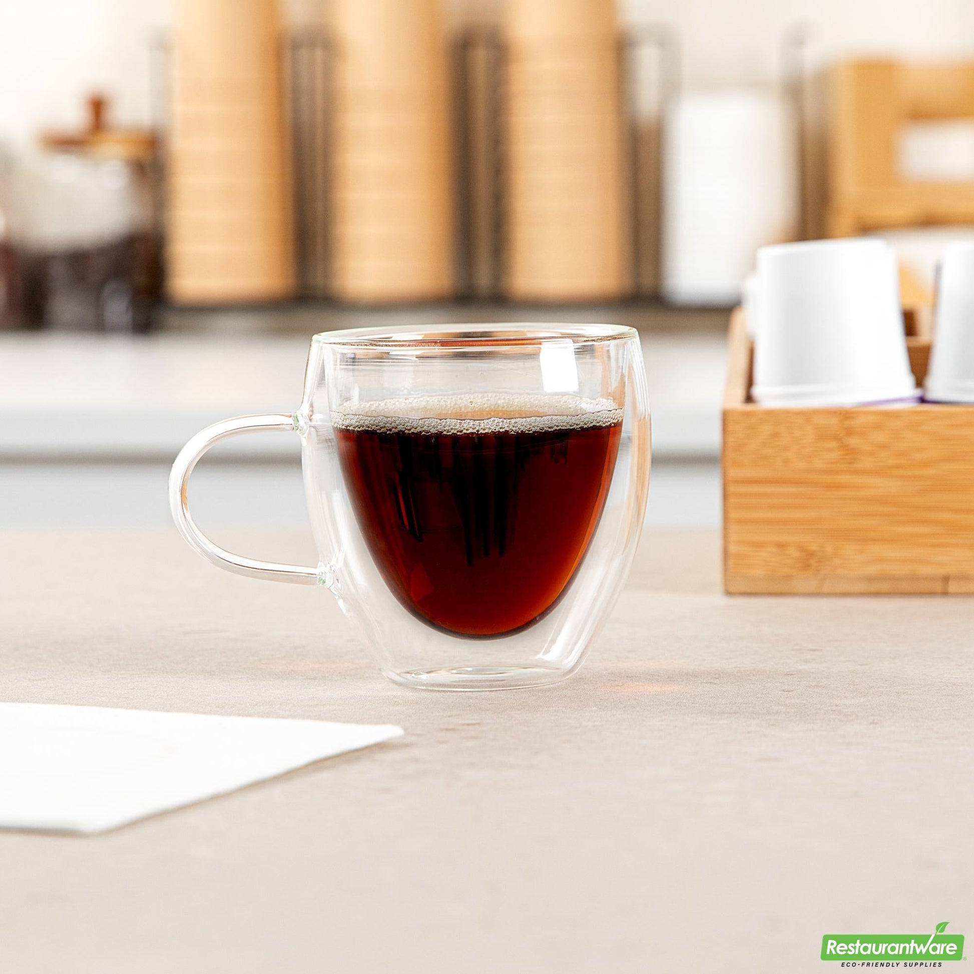 Wholesale Restaurantware 5 Oz Glass Espresso Cup - Double Wall, Borosilicate, with Handle - 2.6" X 2.6" X 3.1"- Bulk