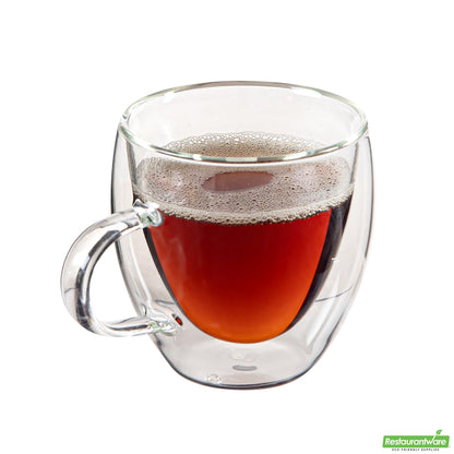 Wholesale Restaurantware 5 Oz Glass Espresso Cup - Double Wall, Borosilicate, with Handle - 2.6" X 2.6" X 3.1"- Bulk