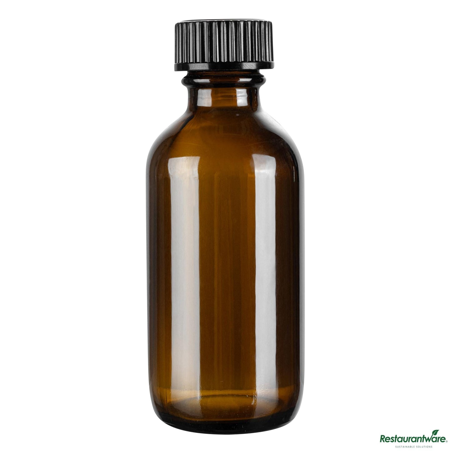 Wholesale Restaurantware 2 Oz Boston Round Amber Glass Bottle - with Black Phenolic Cap - 1.5" X 1.5" X 3.7"- Bulk