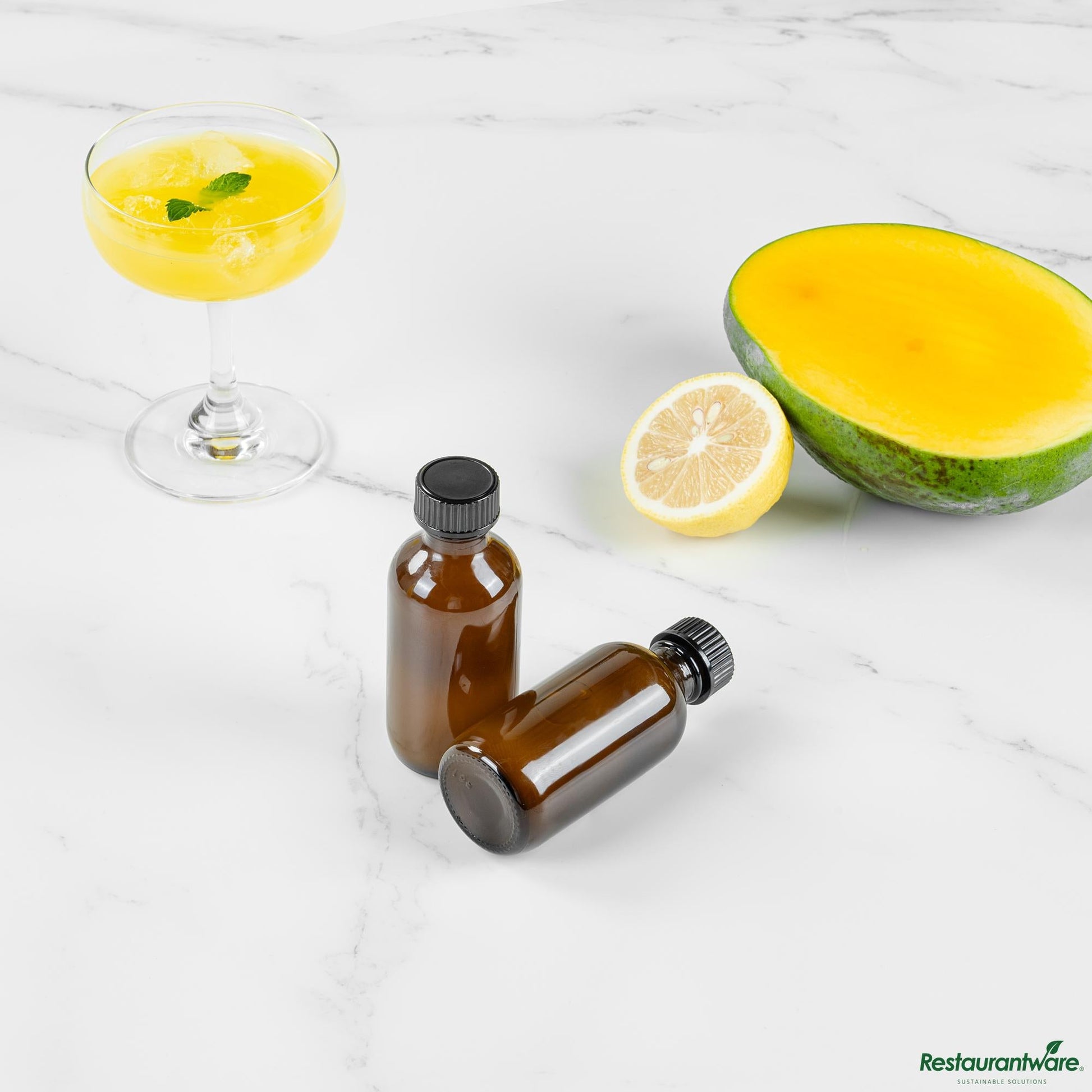 Wholesale Restaurantware 2 Oz Boston Round Amber Glass Bottle - with Black Phenolic Cap - 1.5" X 1.5" X 3.7"- Bulk