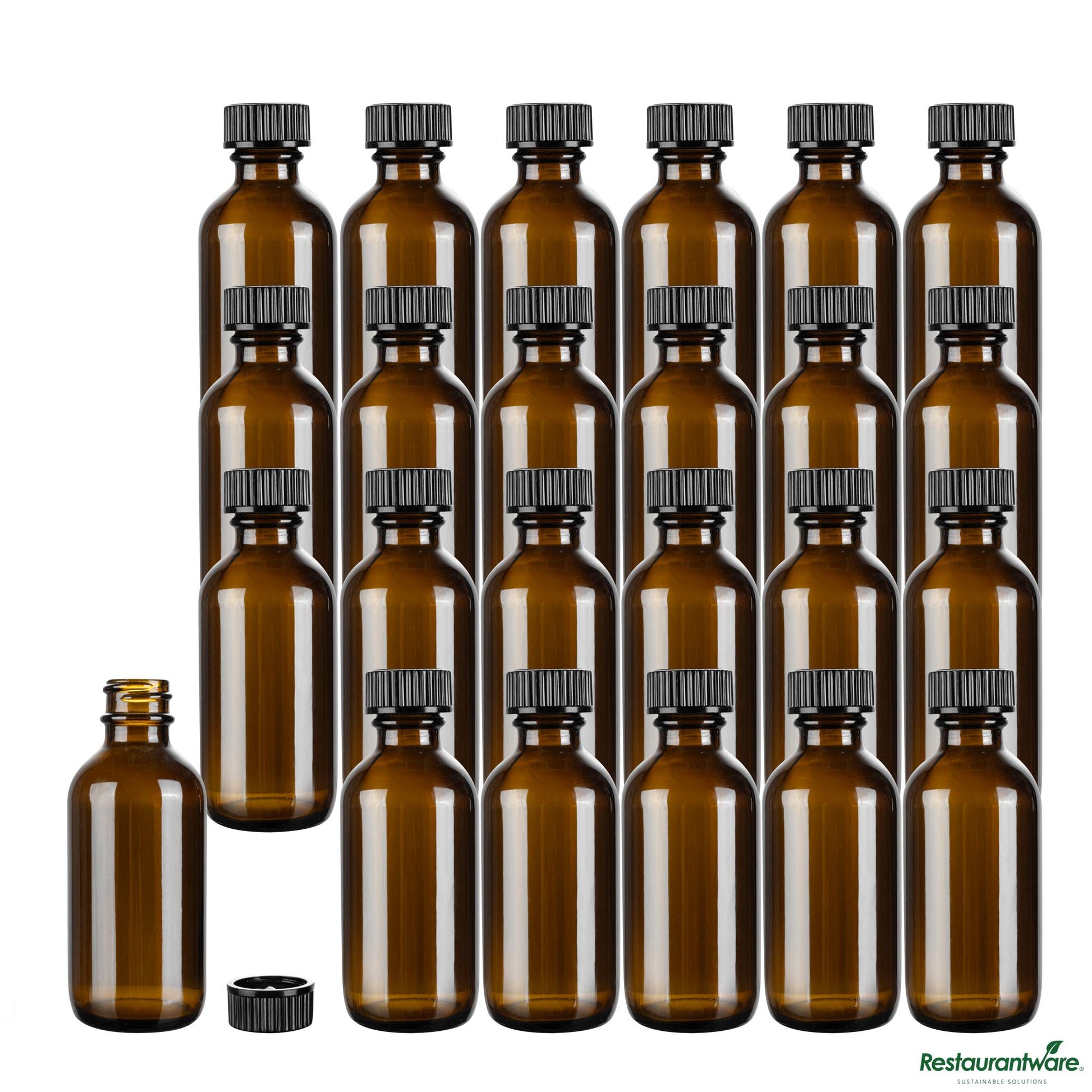 Wholesale Restaurantware 2 Oz Boston Round Amber Glass Bottle - with Black Phenolic Cap - 1.5" X 1.5" X 3.7"- Bulk