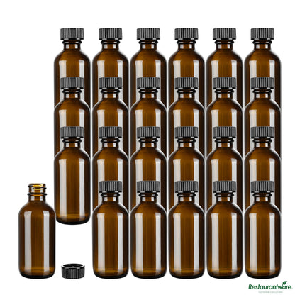 Wholesale Restaurantware 2 Oz Boston Round Amber Glass Bottle - with Black Phenolic Cap - 1.5" X 1.5" X 3.7"- Bulk