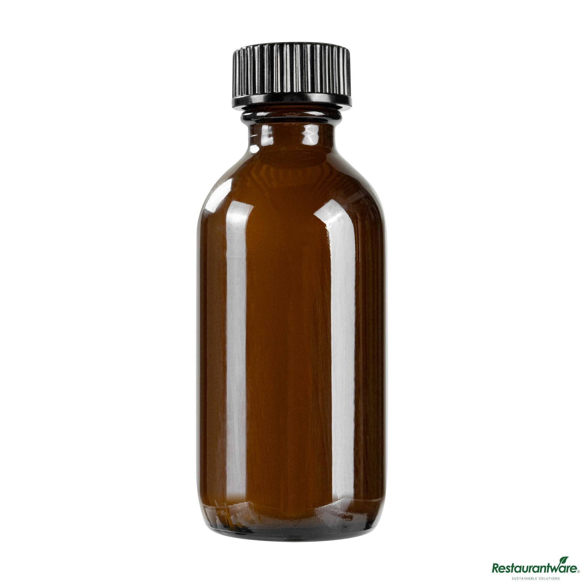 Wholesale Restaurantware 2 Oz Boston Round Amber Glass Bottle - with Black Phenolic Cap - 1.5" X 1.5" X 3.7"- Bulk