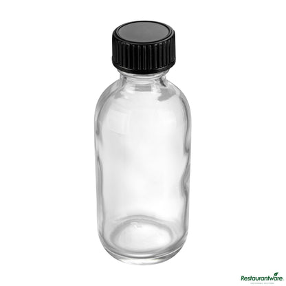 Wholesale Restaurantware 2 Oz Boston Round Clear Glass Bottle - with Black Phenolic Cap - 1.5" X 1.5" X 3.7"- Bulk
