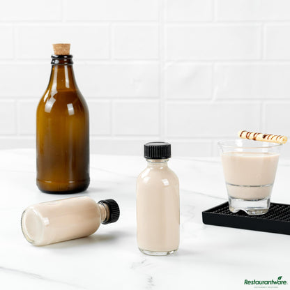Wholesale Restaurantware 2 Oz Boston Round Clear Glass Bottle - with Black Phenolic Cap - 1.5" X 1.5" X 3.7"- Bulk