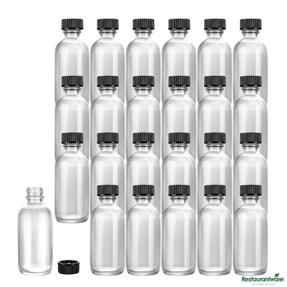Wholesale Restaurantware 2 Oz Boston Round Clear Glass Bottle - with Black Phenolic Cap - 1.5" X 1.5" X 3.7"- Bulk