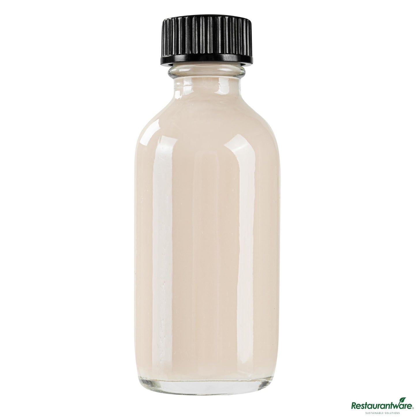 Wholesale Restaurantware 2 Oz Boston Round Clear Glass Bottle - with Black Phenolic Cap - 1.5" X 1.5" X 3.7"- Bulk