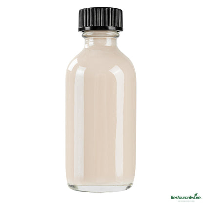 Wholesale Restaurantware 2 Oz Boston Round Clear Glass Bottle - with Black Phenolic Cap - 1.5" X 1.5" X 3.7"- Bulk