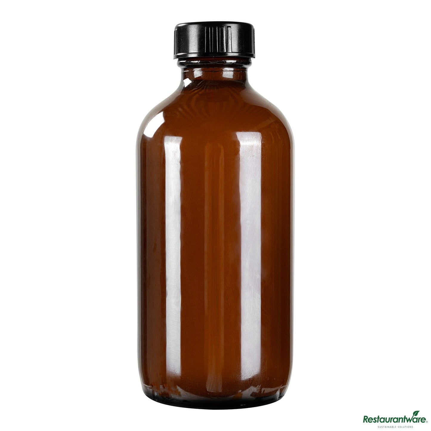 Restaurantware 8 Oz Boston Round Amber Glass Bottle - with Black Phenolic Cap - 2.4" X 2.4" X 5.4"